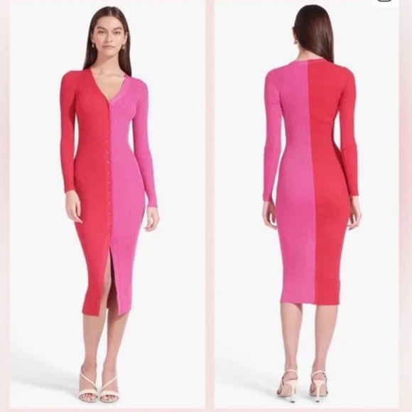 STAUD Two-Tone Pink and Red Long Sleeve Dress - Picture 5 of 14
